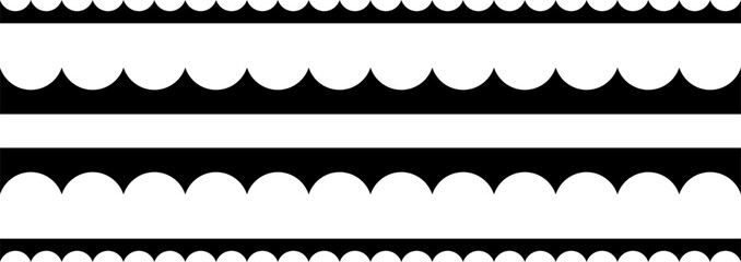 Circular edge seamless border shape set, scalloped border. Seamless vector marine wave decoration pattern isolated on white background.
