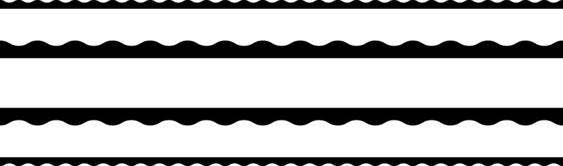 Circular edge seamless border shape set, scalloped border. Seamless vector marine wave decoration pattern isolated on white background.