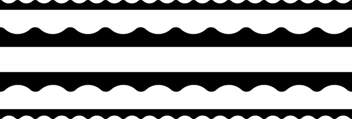 Circular edge seamless border shape set, scalloped border. Seamless vector marine wave decoration pattern isolated on white background.