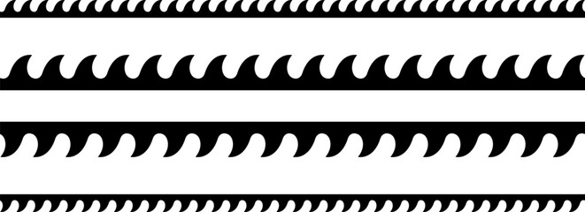 Circular edge seamless border shape set, scalloped border. Seamless vector marine wave decoration pattern isolated on white background.