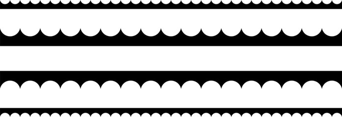 Circular edge seamless border shape set, scalloped border. Seamless vector marine wave decoration pattern isolated on white background.