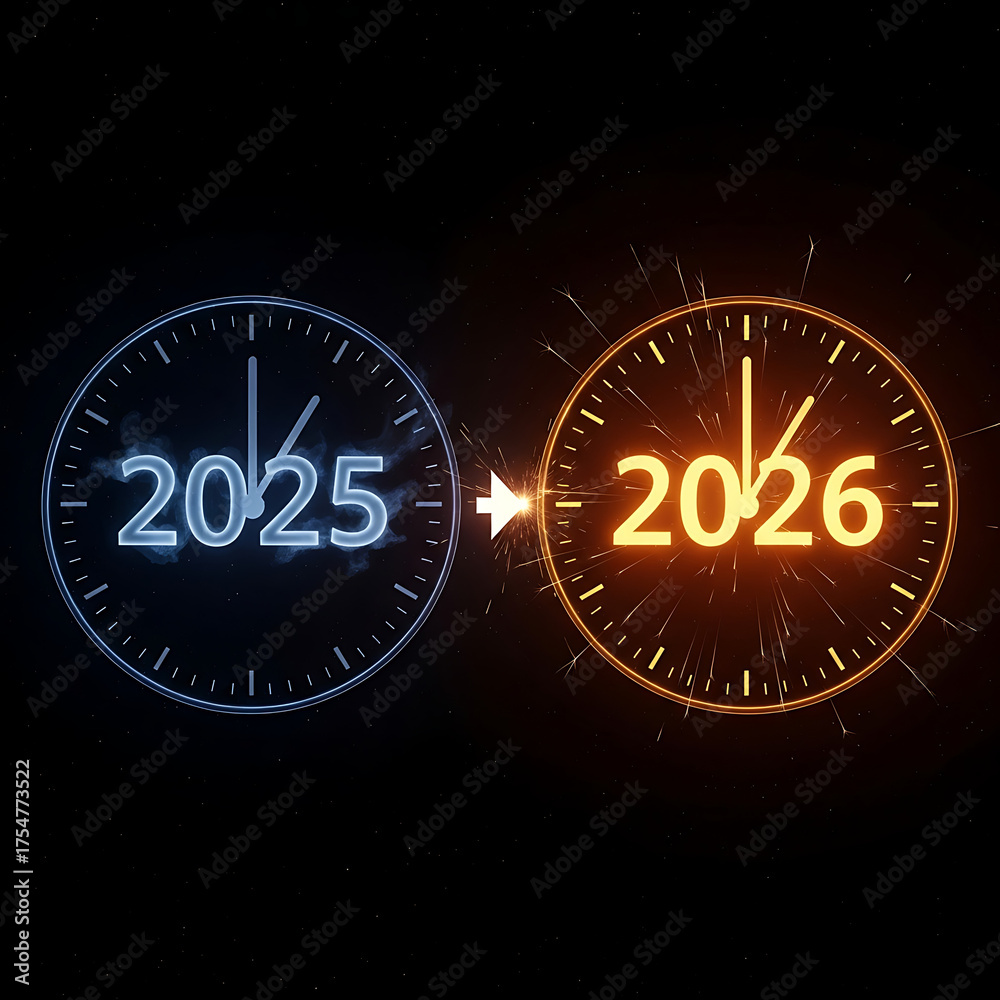 Two glowing clocks showing 2025 and 2026 marking the transition to a ...