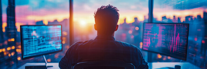 Dedicated programmer overlooks glowing cityscape at sunset, immersed in complex digital code displayed across multiple vibrant computer screens, symbolizing innovation and urban connection.