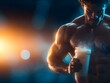 © pjjaruwan - Muscular man holding post workout protein shake bottle, sweaty torso with powder splatter, dramatic gym lighting, focused recovery