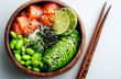 © aboutnuylove - Hawaiian salmon poke bowl with seaweed, avocado, sesame seeds and lime on white background