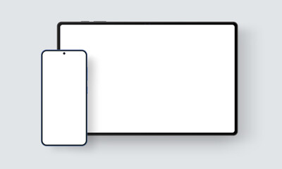 Wall Mural - Horizontal tablet and vertical smartphone with blank white screens. Vector mockup for showcasing app designs, responsive interfaces, and website layouts