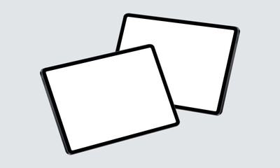 Wall Mural - Two horizontal tablets with blank white screens in perspective view. Modern mockup for showcasing app designs, website layouts, and user interface presentations