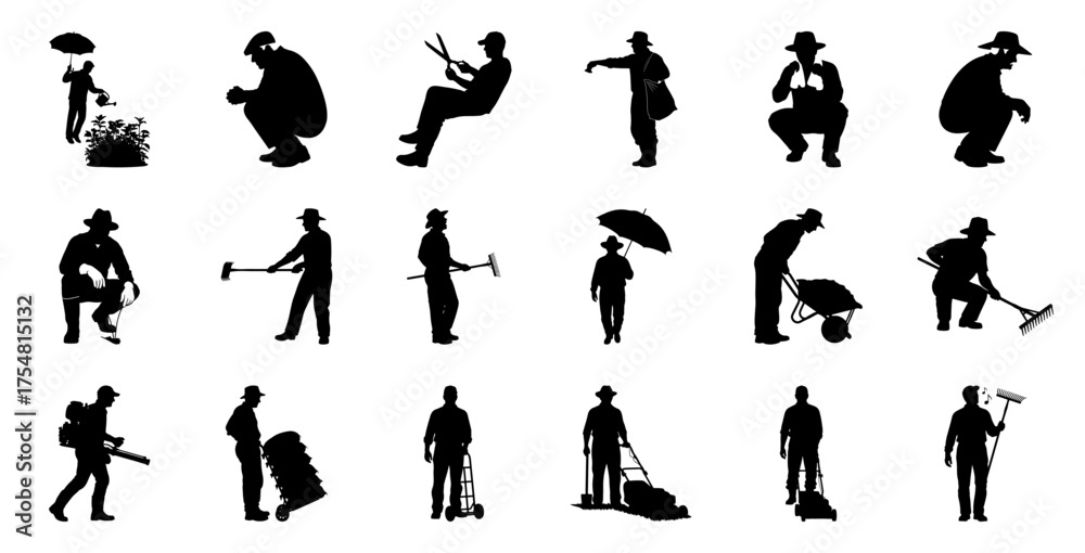 Gardeners and tools silhouettes gardening watering can