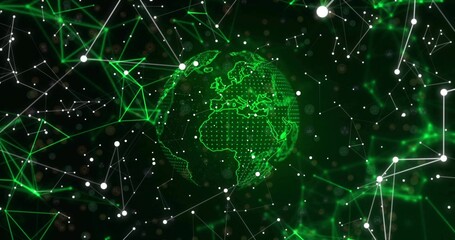Wall Mural - Hovering neon-green wireframe globe showing Europe, Africa in network with glowing mesh and nodes