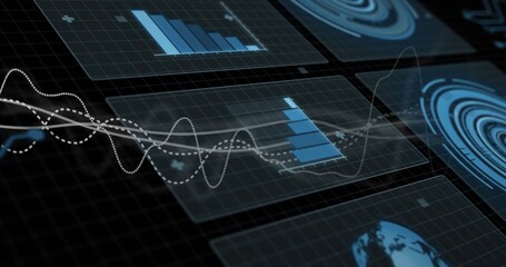 Wall Mural - Translucent panels hovering above grid showing blue bars, waveforms, radial charts and globe icon