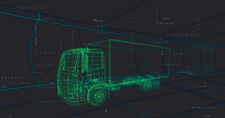 Wall Mural - Spinning neon green semi-truck wireframe inside 3D grid tunnel, featuring floating binary code