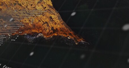 Wall Mural - Displaying rocky peninsula glowing on holographic map with grid overlay and data points, copy space