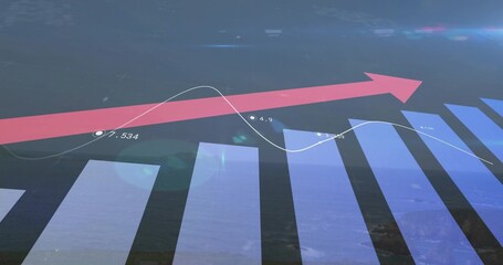 Wall Mural - Displaying ascending blue bars and white line graph with data points on dashboard, with red arrow