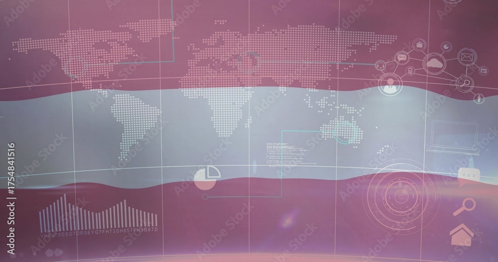 Displaying interface with dotted world map over pink waves featuring ...