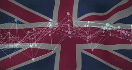 Wall Mural - Floating translucent spheres and glowing lines over digital Union Jack background, data graph