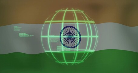 Wall Mural - Spinning neon green wireframe globe over flag backdrop showing blue Ashoka Chakra code snippets