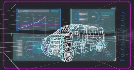 Wall Mural - Displaying wireframe van model rotating in holographic interface, with gauge, readouts 7A and 1B