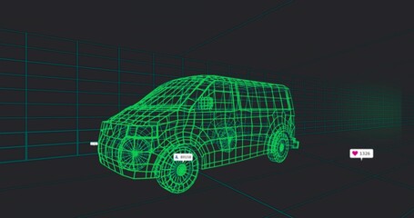 Wall Mural - Displaying wireframe van rotating in grid studio showing number tags on wheels and heart icon