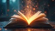 © miss irine - Ancient open book lays on dark wooden table. Magical golden light emanates from glowing pages. Sparkling dust particles rise into air. Illustrates powerful knowledge, amazing stories, imagination,