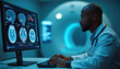© miss irine - African American doctor reviews patient brain scans on computer in modern hospital setting. Inputs complex medical data, analyzing diagnostic images for personalized health care. MRI scanner visible,