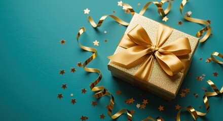 Wall Mural - golden gift box with shiny ribbon on teal background for celebration and festive mood