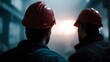 © Thares2020 - Two workers in red hard hats stand in a dark industrial setting looking towards a bright light source