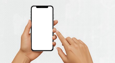 Hand holding smartphone with blank screen for mockup. Finger touching empty display. Isolated on transparent background, png