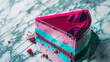 © Jed - Extreme close-up of a slice of modern geometric mousse cake with glossy glaze in vibrant color-block design for AI and food tech concepts.