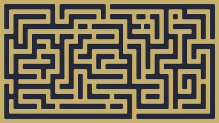A complex maze illustration with dark blue paths on a golden background creating a puzzle design