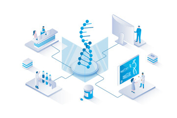 Wall Mural - Medical laboratory 3d isometric concept with isometry people design for web. Scientists team doing medical research in lab, studying dna molecule, making genetic experiments. Vector illustration.