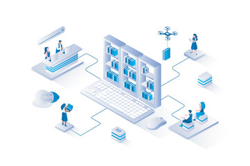 Wall Mural - Online library 3d isometric concept with isometry people design for web. Students reading e-books and textbooks using laptops, taking books in online bookstore or digital archive. Vector illustration.
