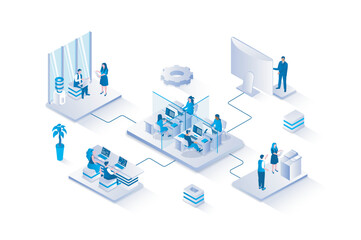 Wall Mural - Open space office 3d isometric concept with isometry people design for web. Employees working in coworking place together, setting and doing tasks, collaborating and brainstorm. Vector illustration.