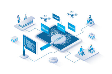 Wall Mural - Programming 3d isometric concept with isometry people design for web. Programmers developing software and creating new programs, working with code, optimize and launch product. Vector illustration.
