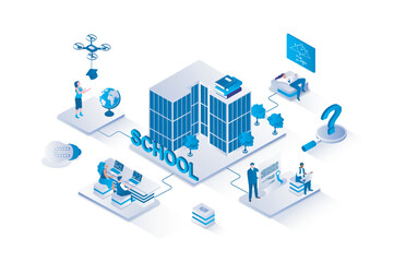 Wall Mural - School learning 3d isometric concept with isometry people design for web. Students studying in classrooms and online, going at lessons in class, reading books and get education. Vector illustration.