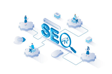 Wall Mural - Seo optimization 3d isometric concept with isometry people design for web. People doing research and analyzing site data, selesting keywords, increase traffic and top raising. Vector illustration.