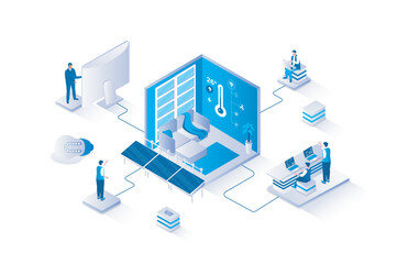 Wall Mural - Smart home 3d isometric concept with isometry people design for web. People using security system, automation control and monitoring of sensors in house with mobile app or laptop. Vector illustration.