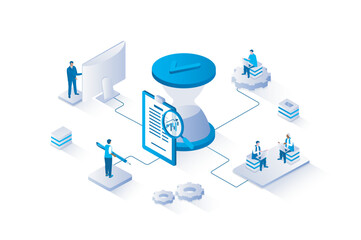 Wall Mural - Time management 3d isometric concept with isometry people design for web. People controlling time and work processes, making schedule at list, doing daily tasks to deadline. Vector illustration.