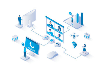 Wall Mural - Video conference 3d isometric concept with isometry people design for web. Colleagues discussing work tasks by virtual call, employees communicating at live video meeting. Vector illustration.