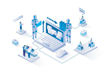Wall Mural - Web scraping 3d isometric concept with isometry people design for web. People using services to automatic data collect, making statistics analyze from websites, research users. Vector illustration.