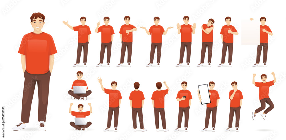 Set of young student man wearing casual clothes in different poses and ...