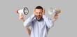© Pixel-Shot - Hands with megaphones and businessman suffering from loud noise on grey background