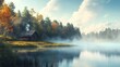 © Sisana - A dynamic depiction of a serene lake with a sauna cabin nearby, steam rising from the water.