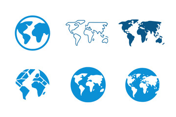 Wall Mural - Global Map Logos. Global Map. Set Logo of Global Map: stylized world map icon. harmonious logo variations of the same emblematic concept, each with different