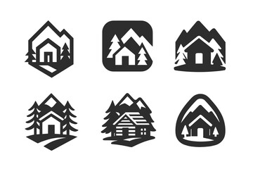 Wall Mural - Settler Logo Variations. Settler. Set Logo of Settler: small cabin in wilderness. harmonious logo variations of the same emblematic concept, each