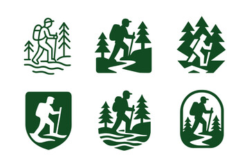 Wall Mural - Forest Adventure Logos. Forest Adventures. Set Logo of Forest Adventures: river crossing with hiker. harmonious logo variations of the same emblematic concept,