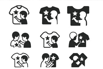 Wall Mural - Creative Kids' T-Shirt Logos. Kids Designing T-Shirts. Set Logo of Kids Designing T-Shirts: child drawing shapes on t-shirt. harmonious logo variations of the