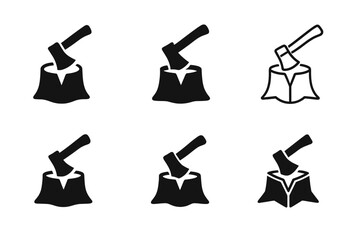 Wall Mural - Firewood Logos Grid. Chopping Firewood. Set Logo of Chopping Firewood: split log with axe icon. harmonious logo variations of the same emblematic concept, each