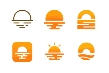 Wall Mural - Sunset Logo Variations. Sunset Sky. Set Logo of Sunset Sky: sun reflection on water. harmonious logo variations of the same emblematic concept, each with