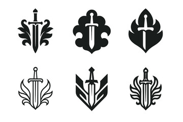 Wall Mural - Magical Sword Logos. Fictional world. Set Logo of Fantasy realm: magical sword. harmonious logo variations of the same emblematic concept, each with different
