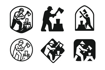Wall Mural - Firewood Logo Variations. Chopping Firewood. Set Logo of Chopping Firewood: wood chopping scene icon. harmonious logo variations of the same emblematic